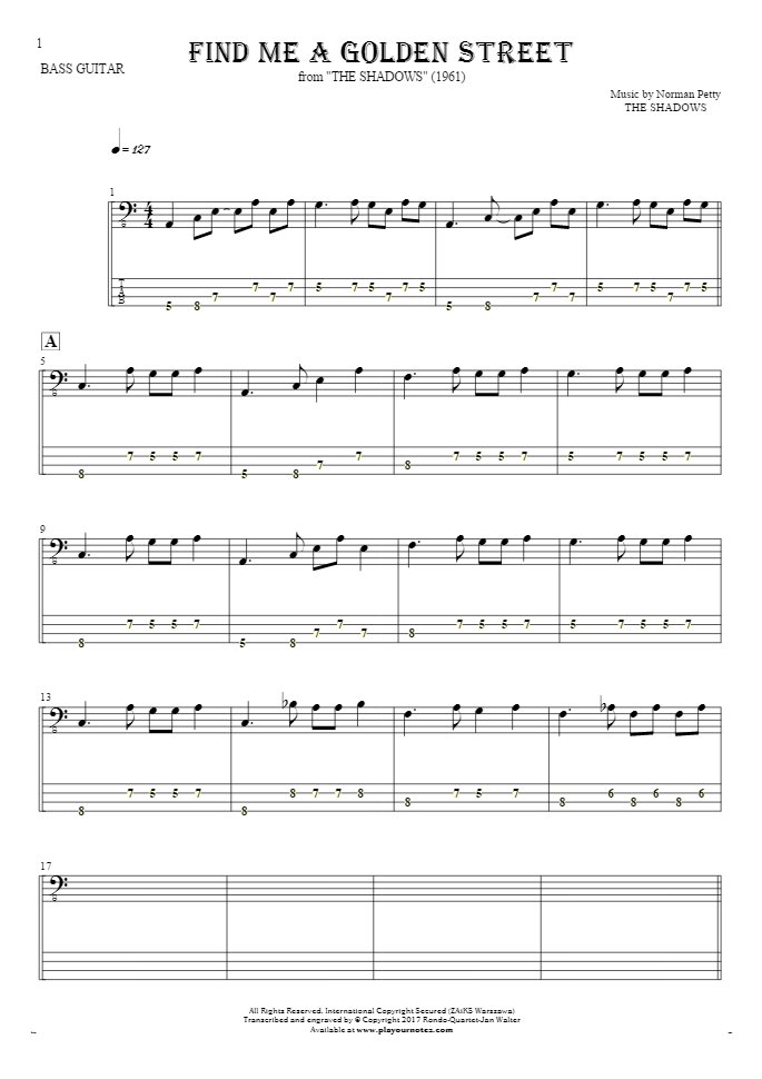 Find Me A Golden Street - Notes and tablature for bass guitar