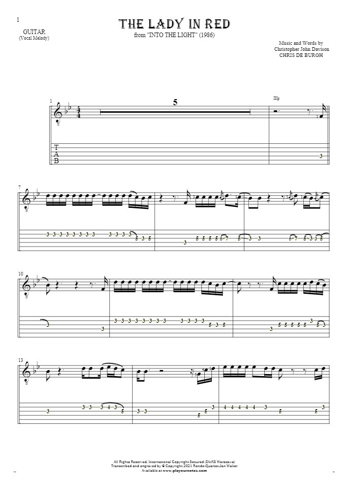 The Lady in Red - Notes and tablature for guitar - melody line