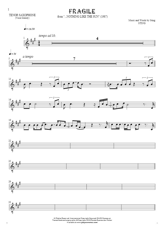 Fragile - Notes for tenor saxophone - melody line