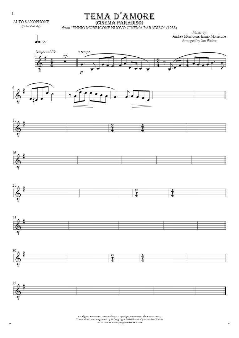 Love Theme (Cinema Paradiso) - Notes for alto saxophone - melody line