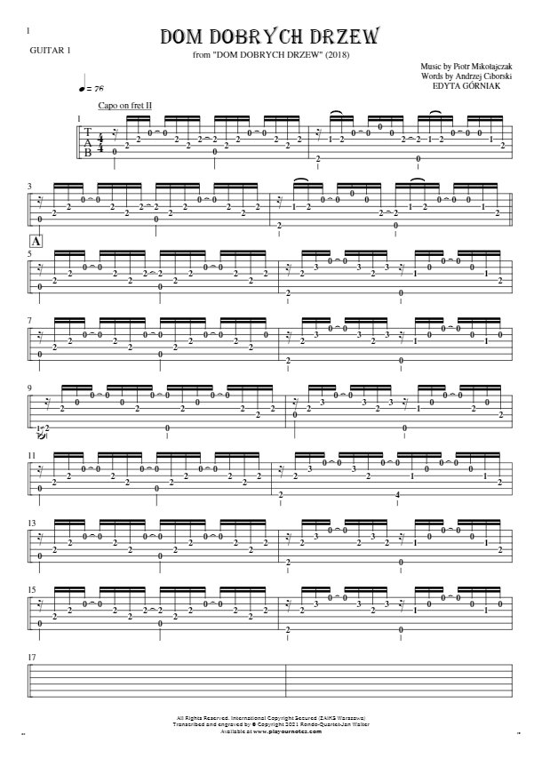 Dom dobrych drzew - Tablature (rhythm. values) for guitar - guitar 1 part