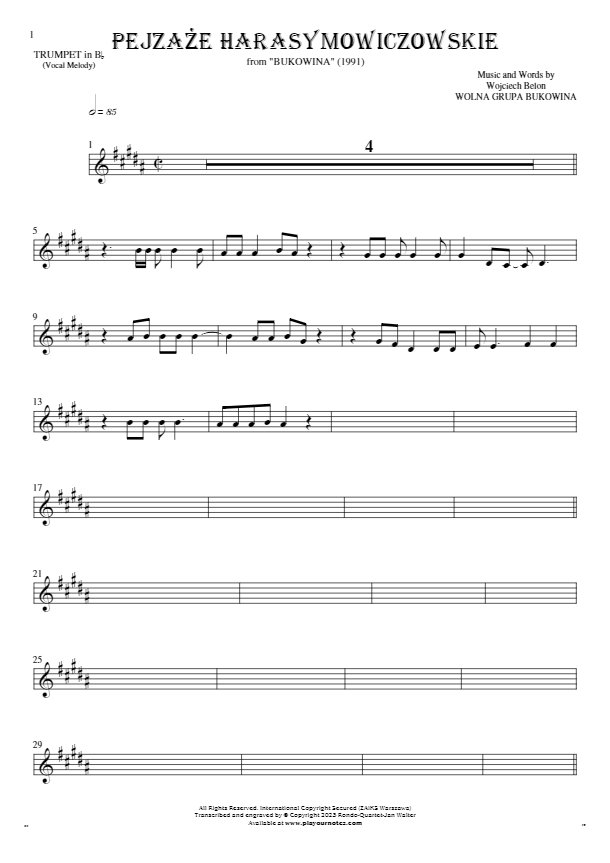 Pejzaże harasymowiczowskie - Notes for trumpet - melody line