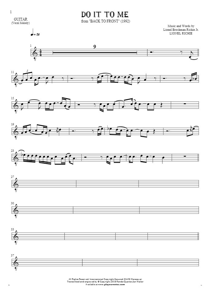 Do It To Me - Notes for guitar - melody line