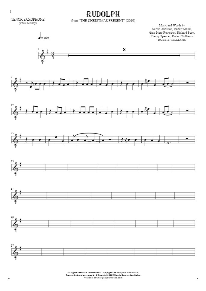 Rudolph - Notes for tenor saxophone - melody line