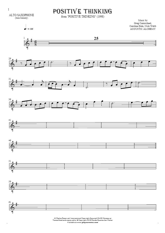 Positive Thinking - Notes for alto saxophone - melody line
