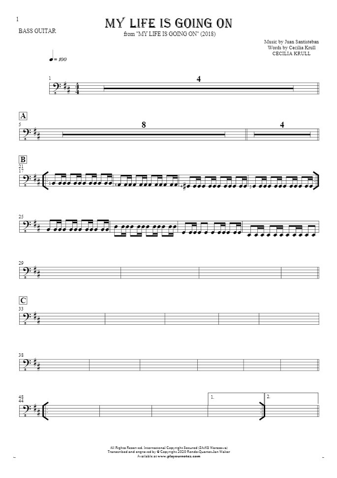 My Life Is Going On - Notes for bass guitar