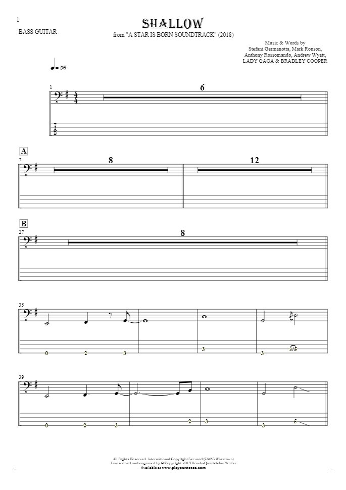 Shallow - Notes and tablature for bass guitar