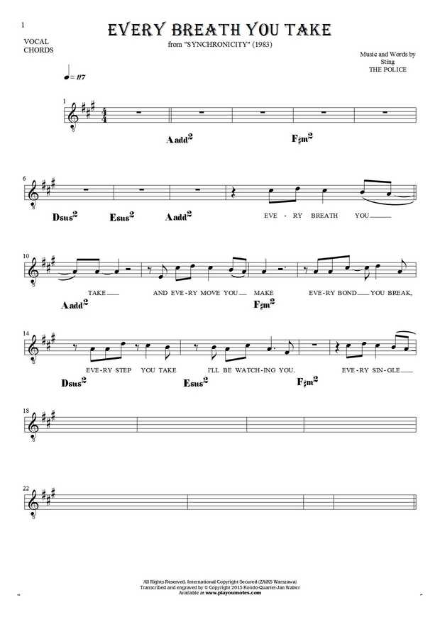 Every Breath You Take - Notes, lyrics and chords for vocal with accompaniment