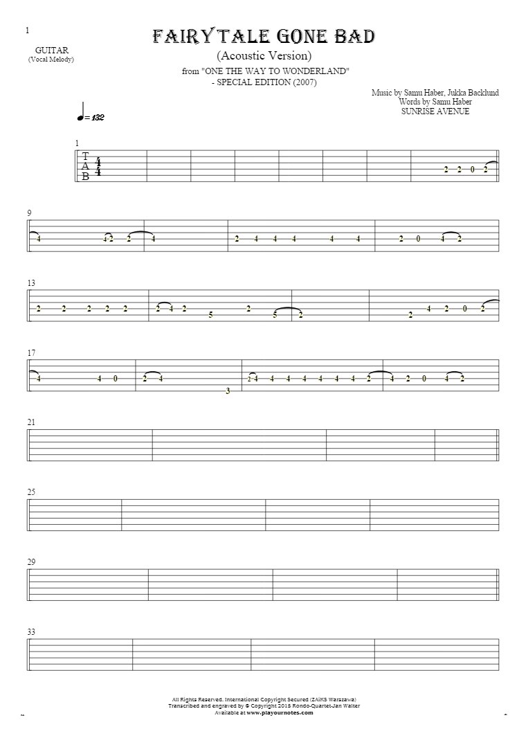 Fairytale Gone Bad (Acoustic Version) - Tablature for guitar - melody line