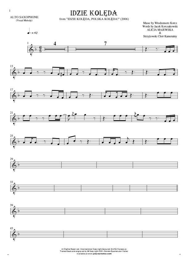 Idzie kolęda - Notes for alto saxophone - melody line