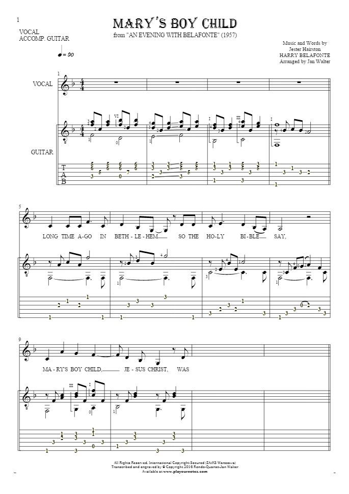 Mary's Boy Child - Notes, tablature and lyrics for vocal with guitar accompaniment