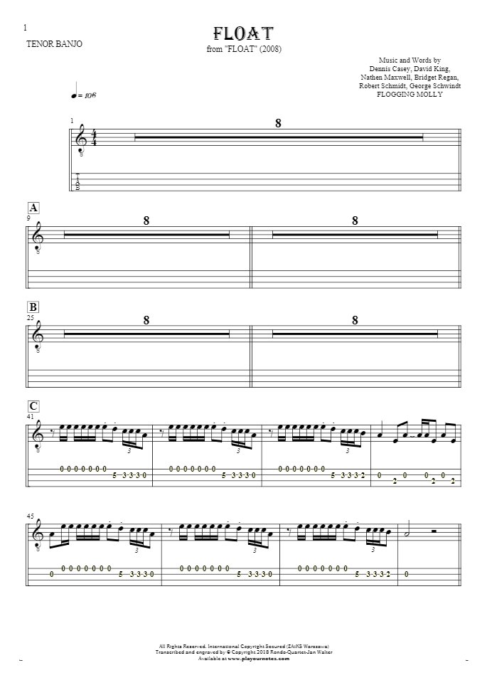 Float - Notes and tablature for tenor banjo - banjo
