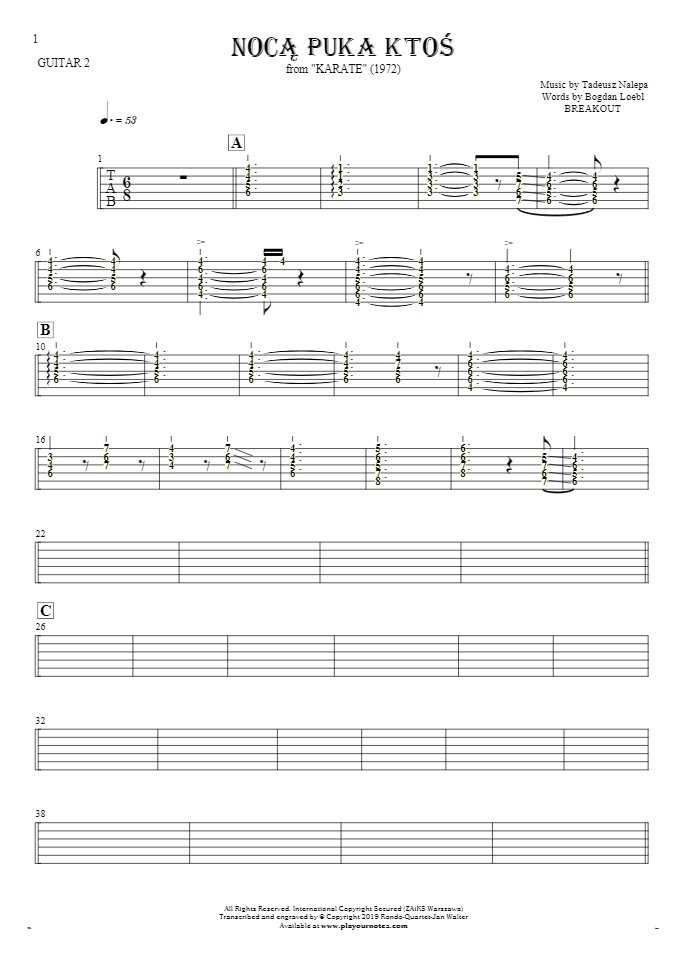 Somebody's Knocking At The Door At Nigh - Tablature (rhythm. values) for guitar - guitar 2 part