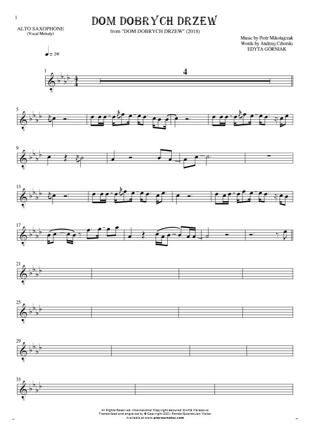 Dom dobrych drzew - Noten für Alt Saxophon - Melodielinie