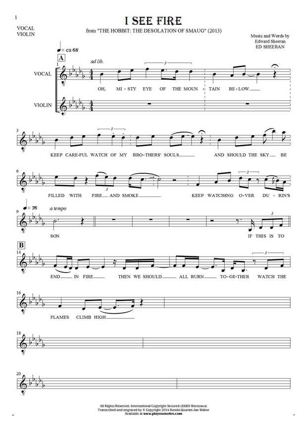 Ed sheeran i see fire easy piano sheet music free I See Fire Notes And Lyrics For Vocal And Violin Playyournotes