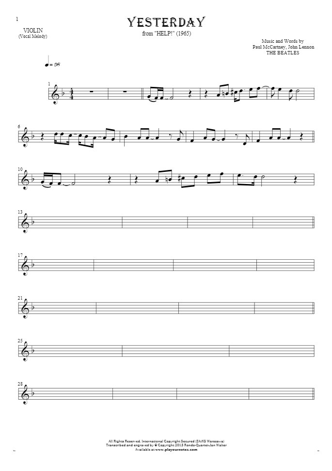 Yesterday - Noten für Geige - Melodielinie