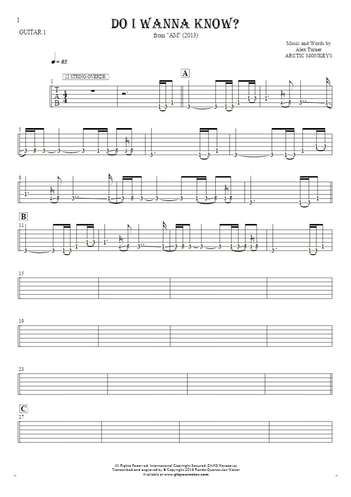 Do I Wanna Know? - Tablature (rhythm. values) for guitar - guitar 1 part