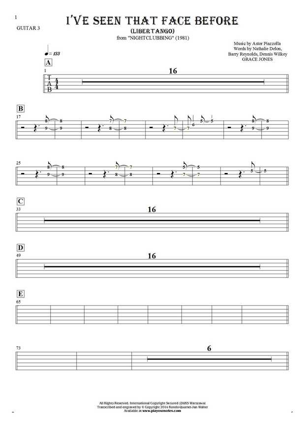I've Seen That Face Before - Libertango - Tablature (rhythm values) for guitar - guitar 3 part