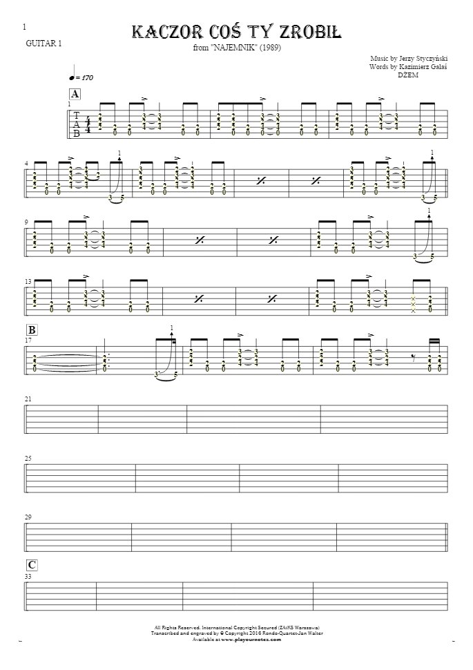 Kaczor coś ty zrobił - Tablature (rhythm. values) for guitar - guitar 1 part