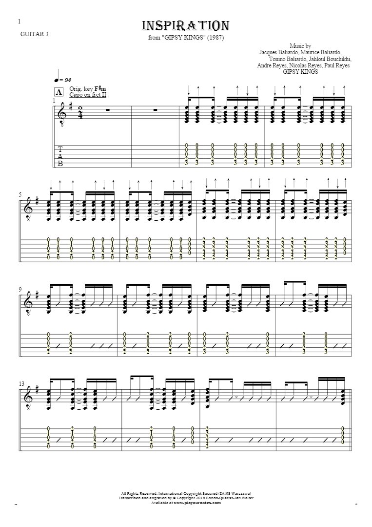 Inspiration - Notes (in transposing) and tablature for guitar - guitar 3 part