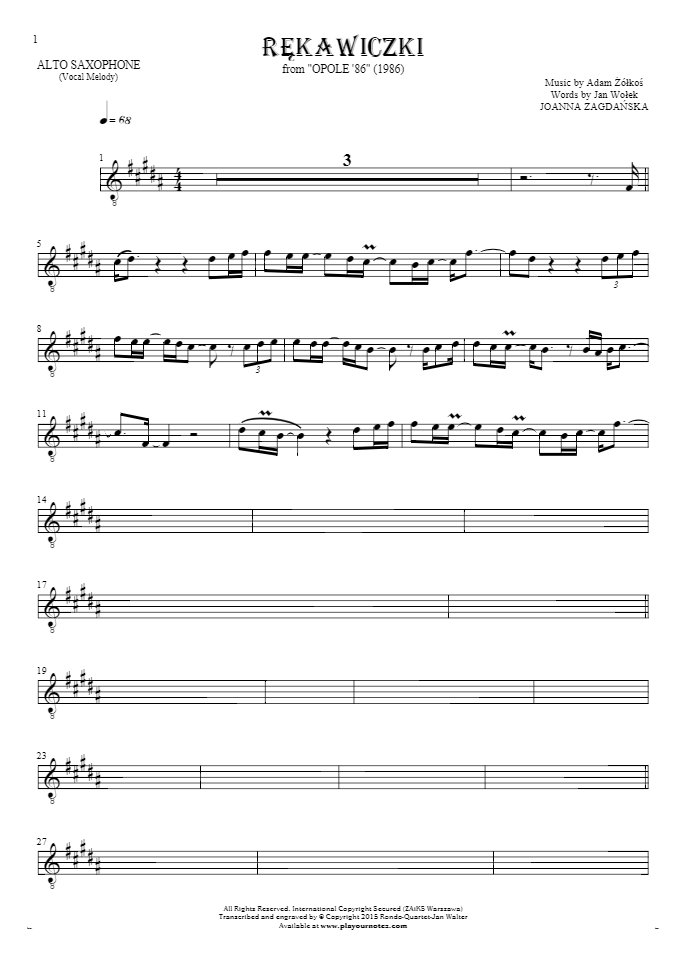 Rękawiczki - Notes for alto saxophone - melody line