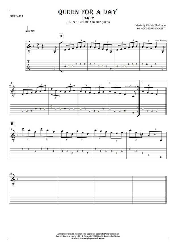 Queen For A Day (part 2) - Notes and tablature for guitar - guitar 1 part