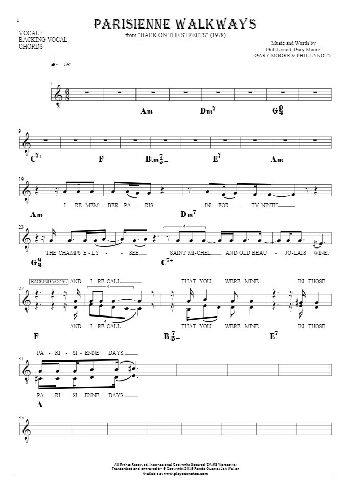 Parisienne Walkways - Notes, lyrics and chords for vocal with accompaniment