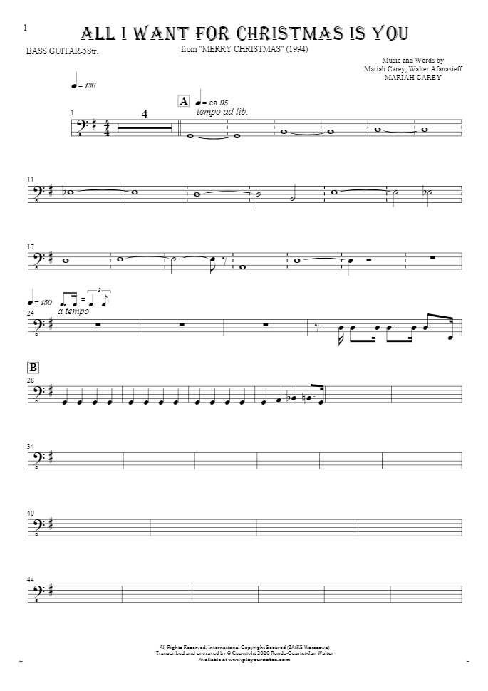 All I Want For Christmas Is You - Notes for bass guitar (5-str.)