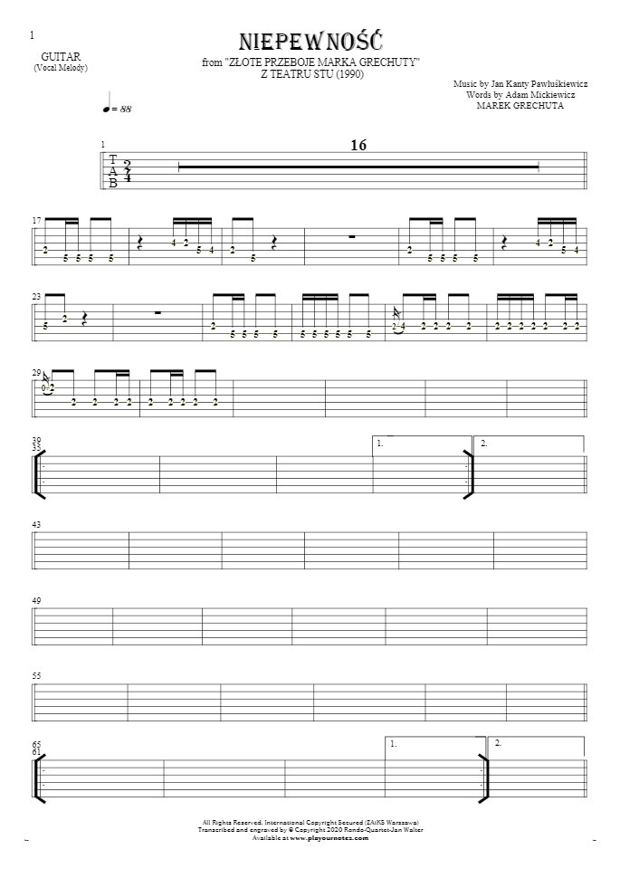 Niepewność - Tabulatura (wartości rytm.) na gitarę - linia melodyczna