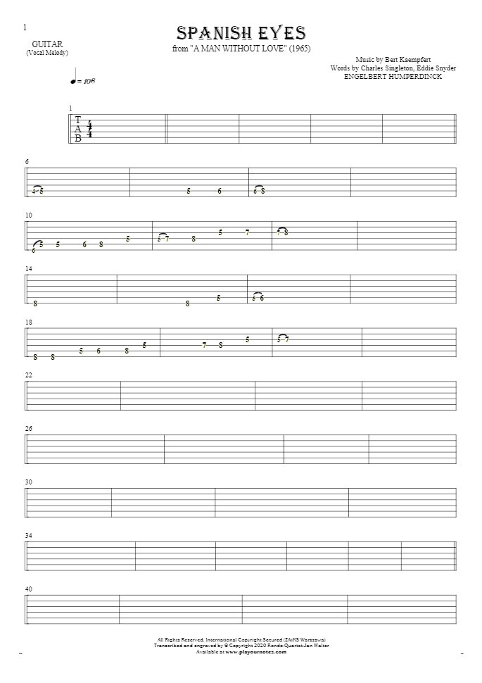Spanish Eyes - Tablature for guitar - melody line