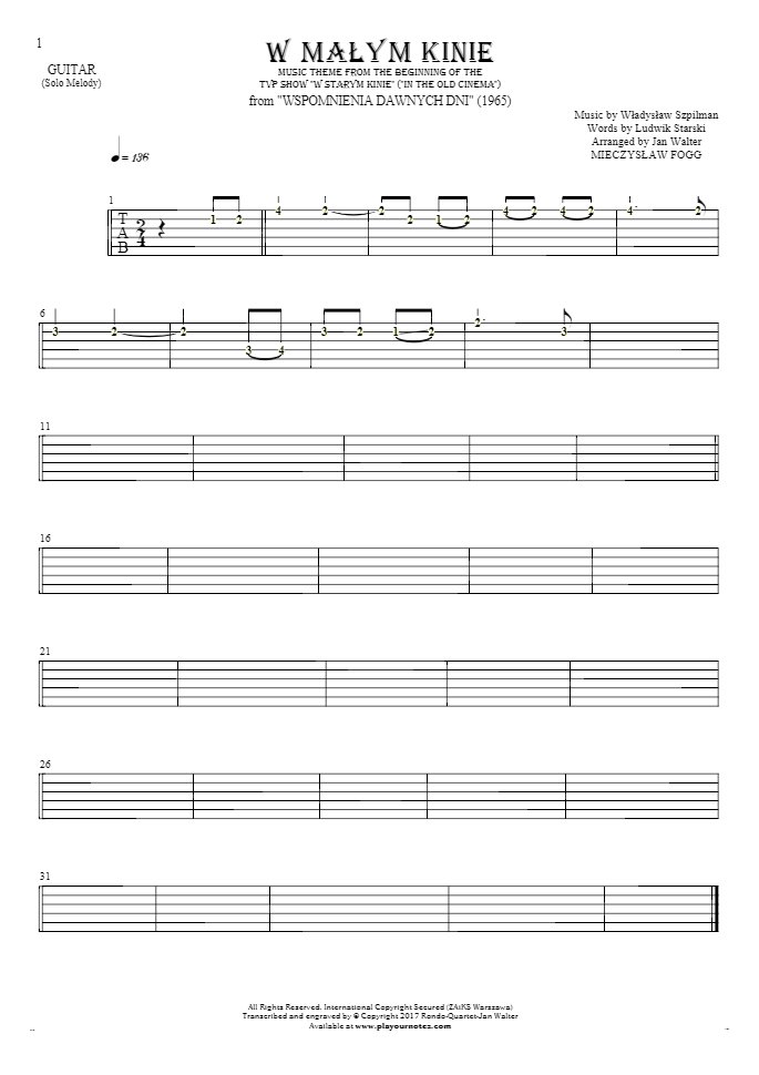 W małym kinie - Tabulatura (wartości rytm.) na gitarę - linia melodyczna