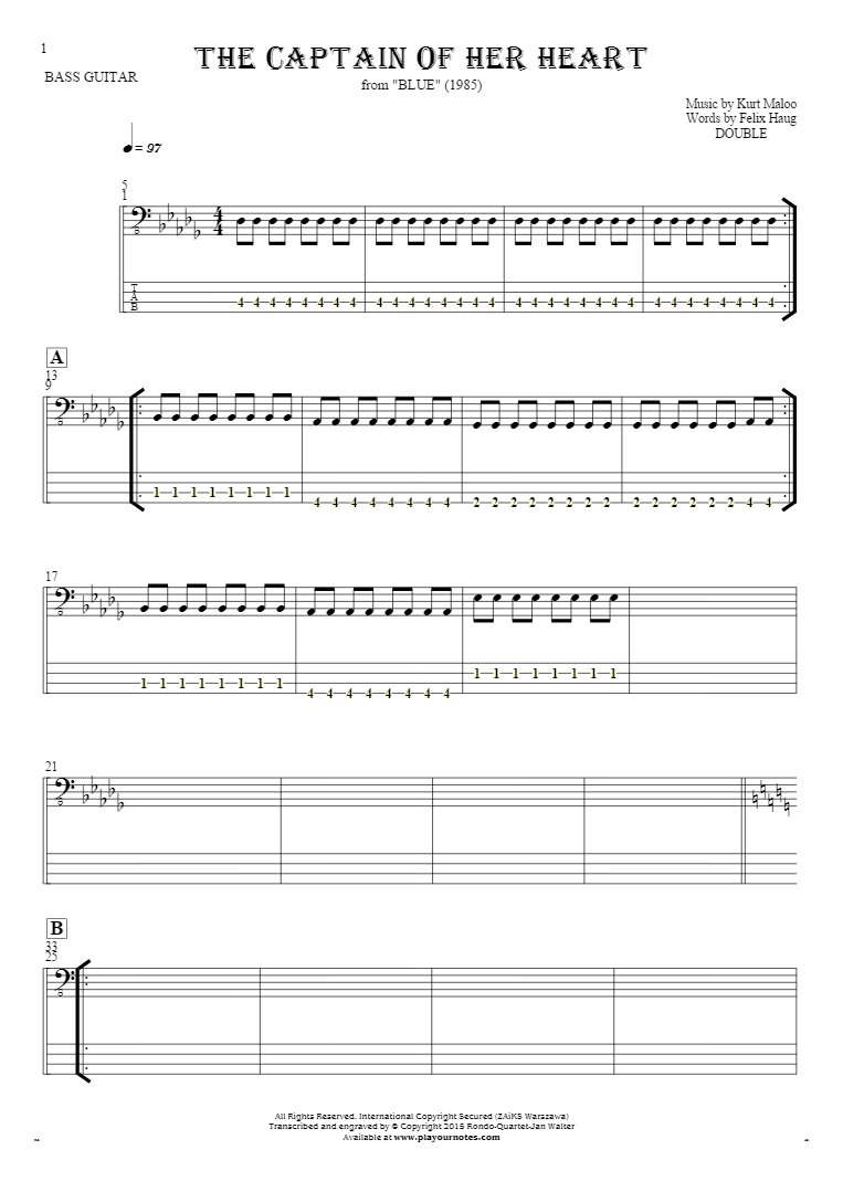 The Captain of Her Heart - Notes and tablature for bass guitar