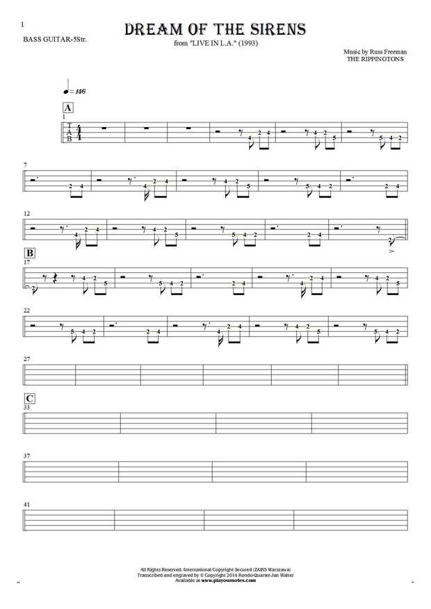 Dream Of The Sirens - Tablature (rhythm values) for bass guitar (5-str.)