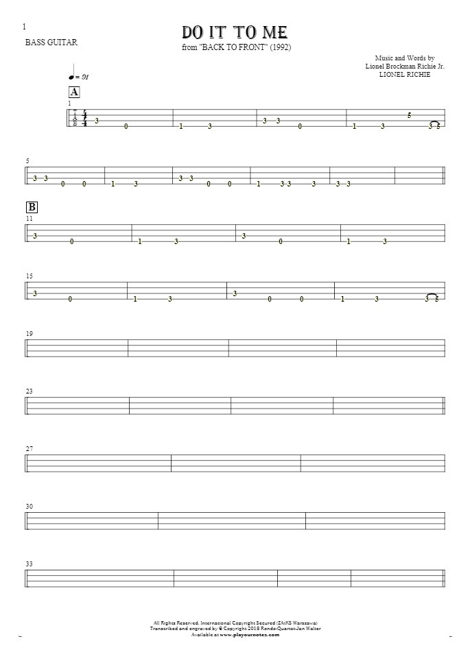 Do It To Me - Tablature for bass guitar