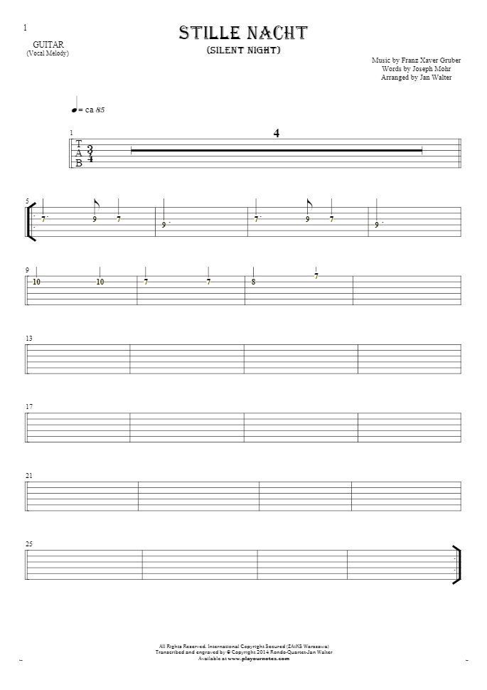 Silent Night - Tablature (rhythm. values) for guitar - melody line