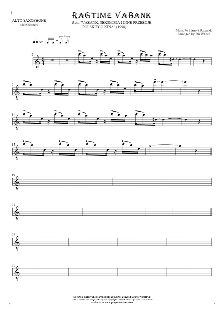 Ragtime Vabank - Notes for alto saxophone - melody line