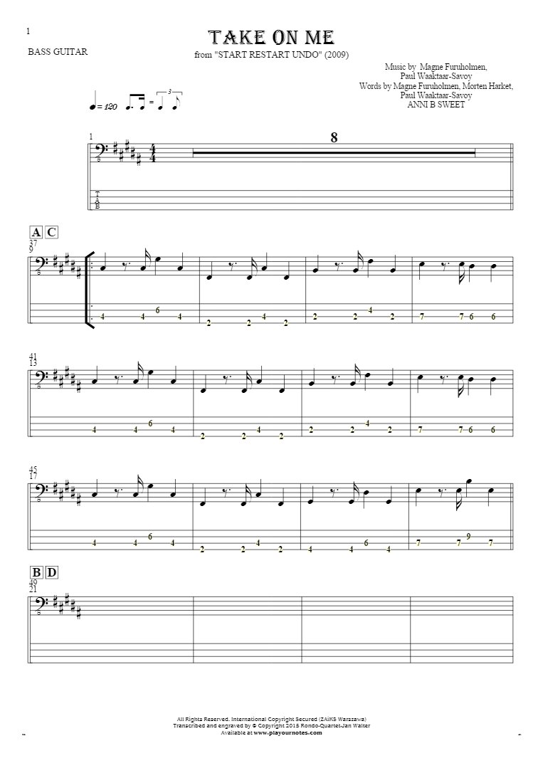 Take On Me - Notes and tablature for bass guitar
