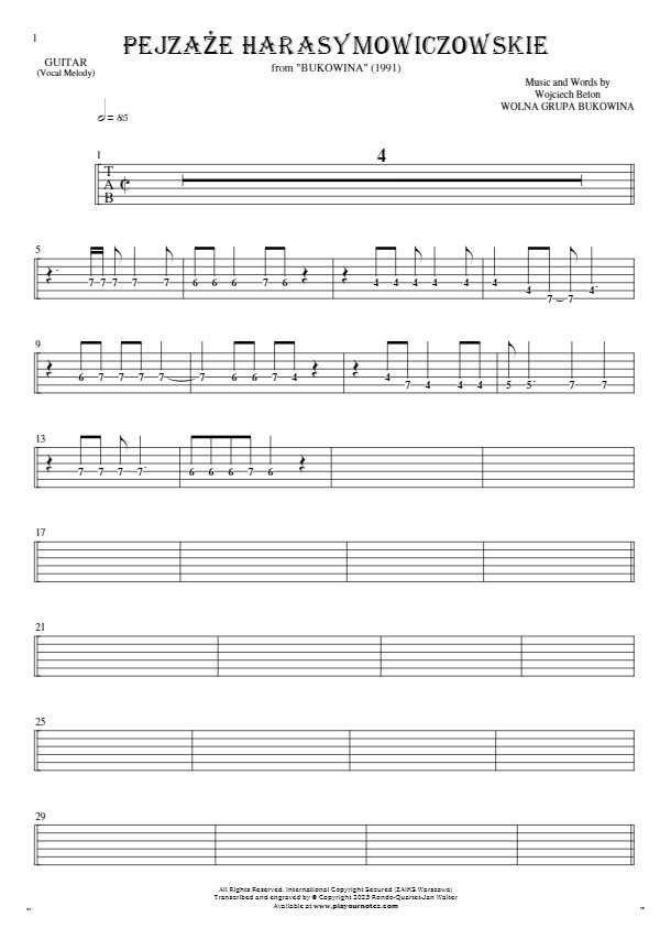 Pejzaże harasymowiczowskie - Tabulatur (Rhythm. Werte) für Gitarre - Melodielinie