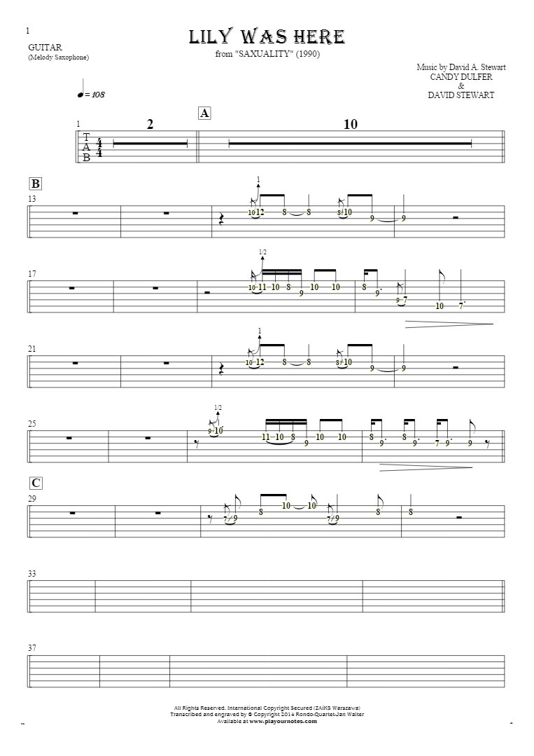 Lily Was Here - Tablature (rhythm values) for guitar - saxophone part