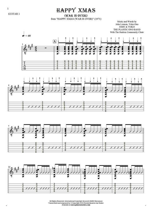 Happy Xmas (War Is Over) - Notes and tablature for guitar - guitar 1 part