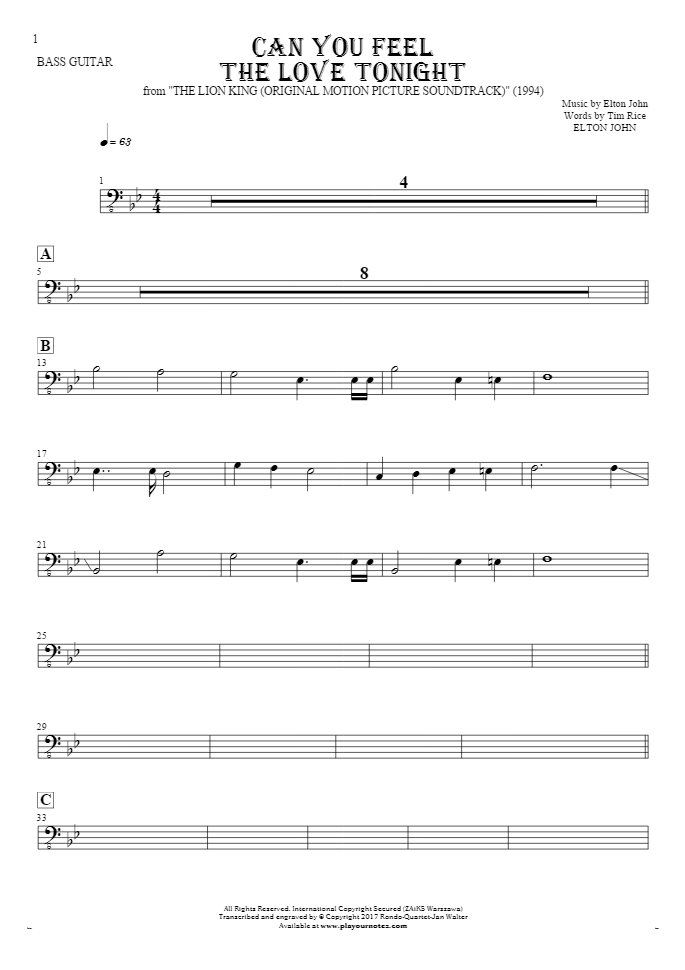 Can You Feel the Love Tonight - Notes for bass guitar