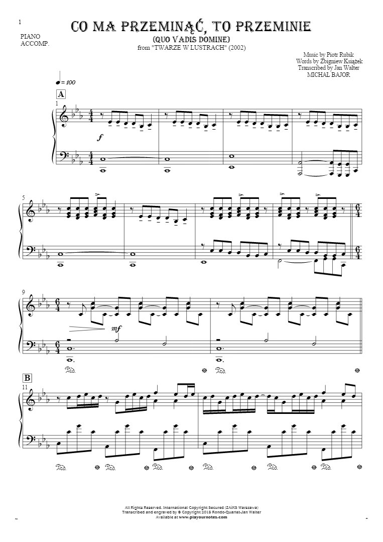 Co ma przeminąć, to przeminie (Quo Vadis Domine) - Notes for piano - accompaniment