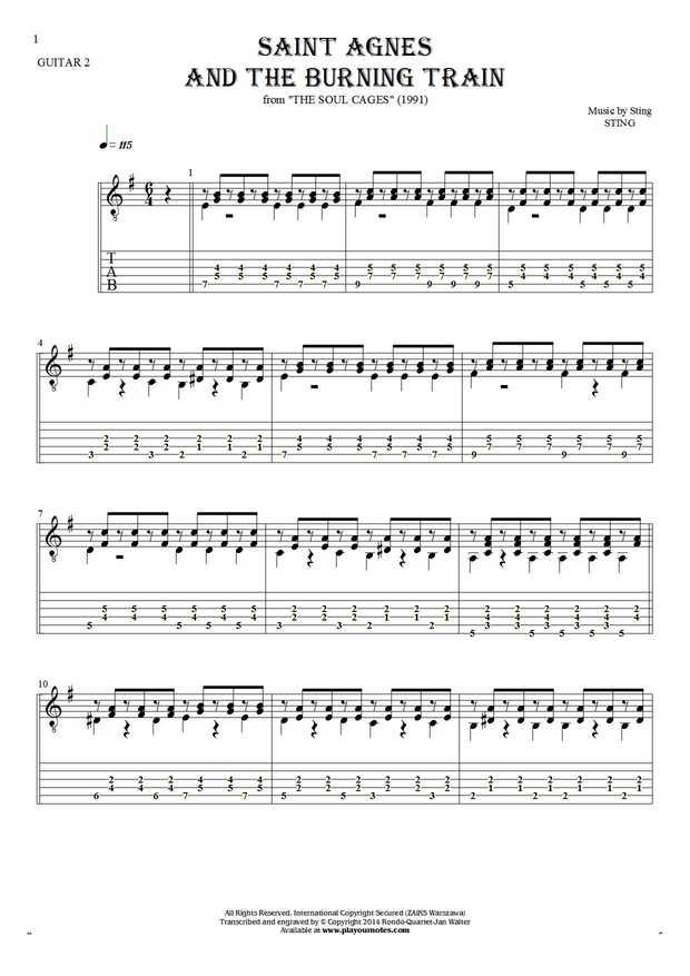 Saint Agnes And The Burning Train - Notes and tablature for guitar - guitar 2 part