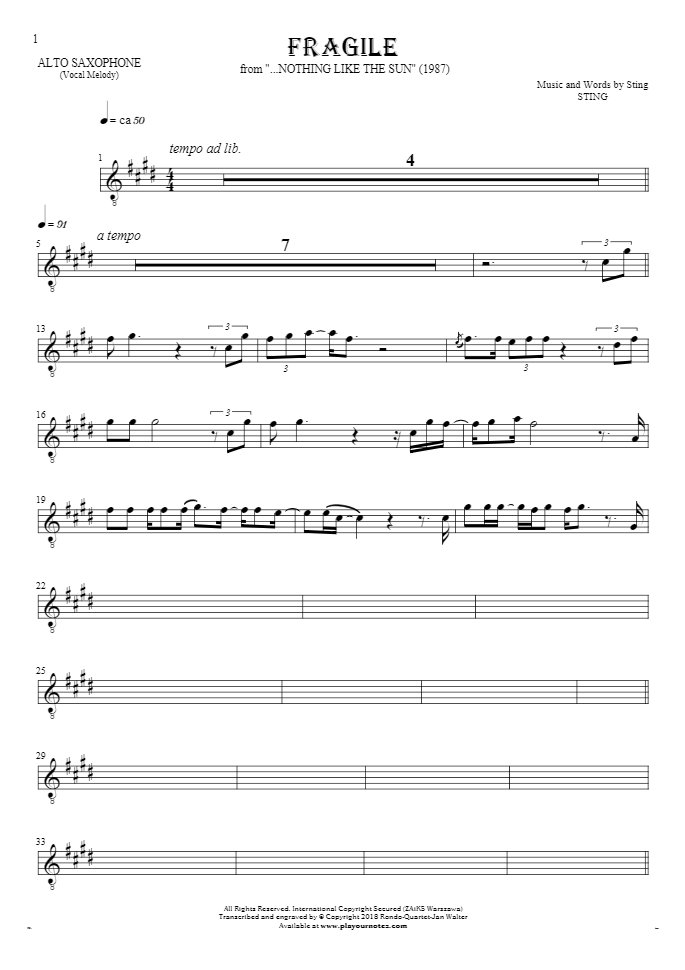 Fragile - Notes for alto saxophone - melody line