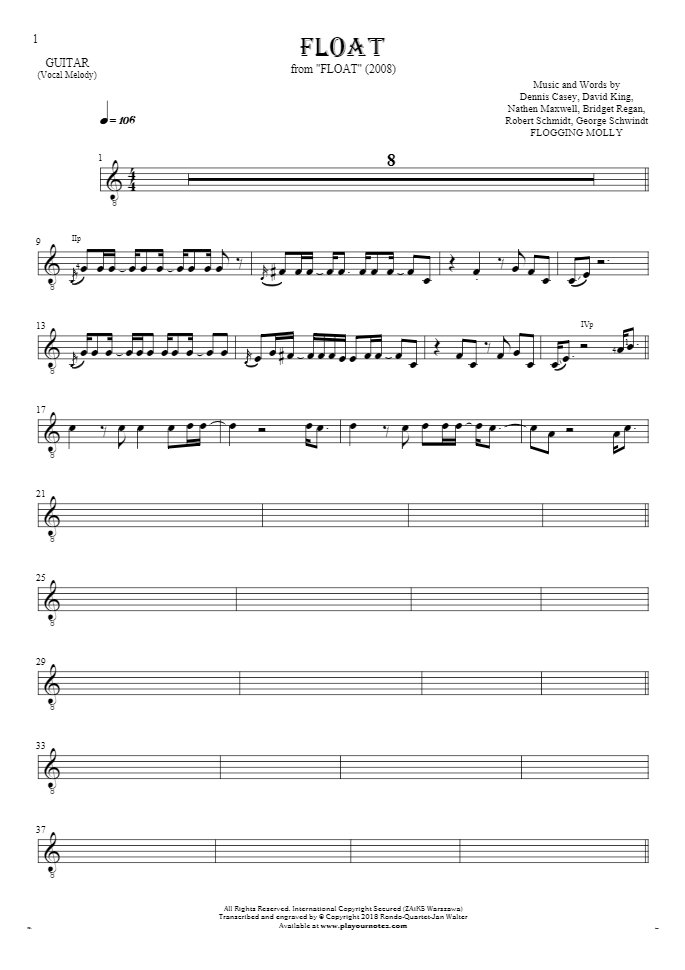 Float - Notes for guitar - melody line