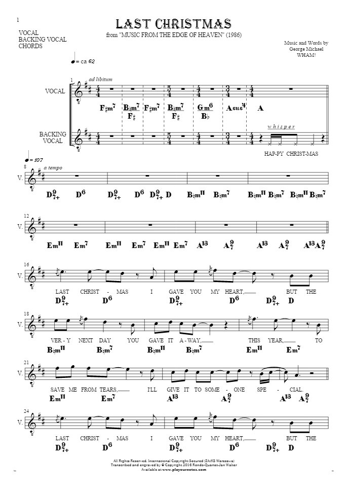 Last Christmas - Notes, lyrics and chords for vocal with accompaniment