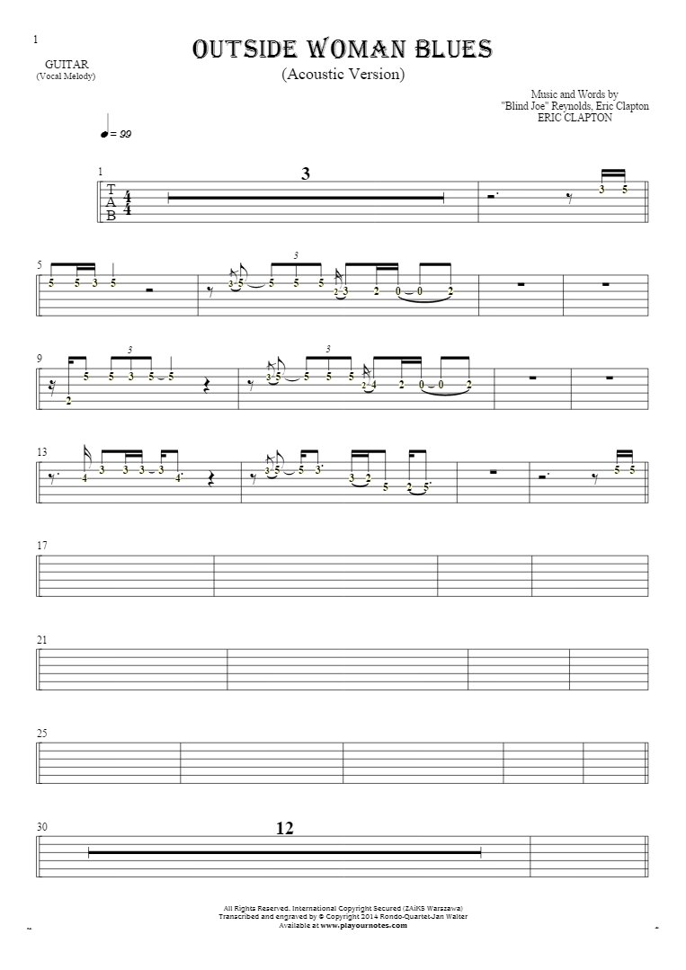 Outside Woman Blues - Tablature (rhythm values) for guitar - melody line
