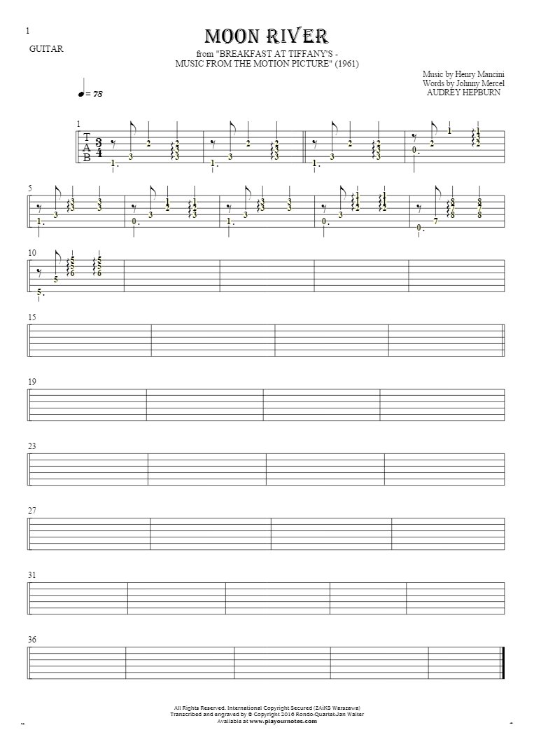 Moon River - Tablature (rhythm. values) for guitar - accompaniment