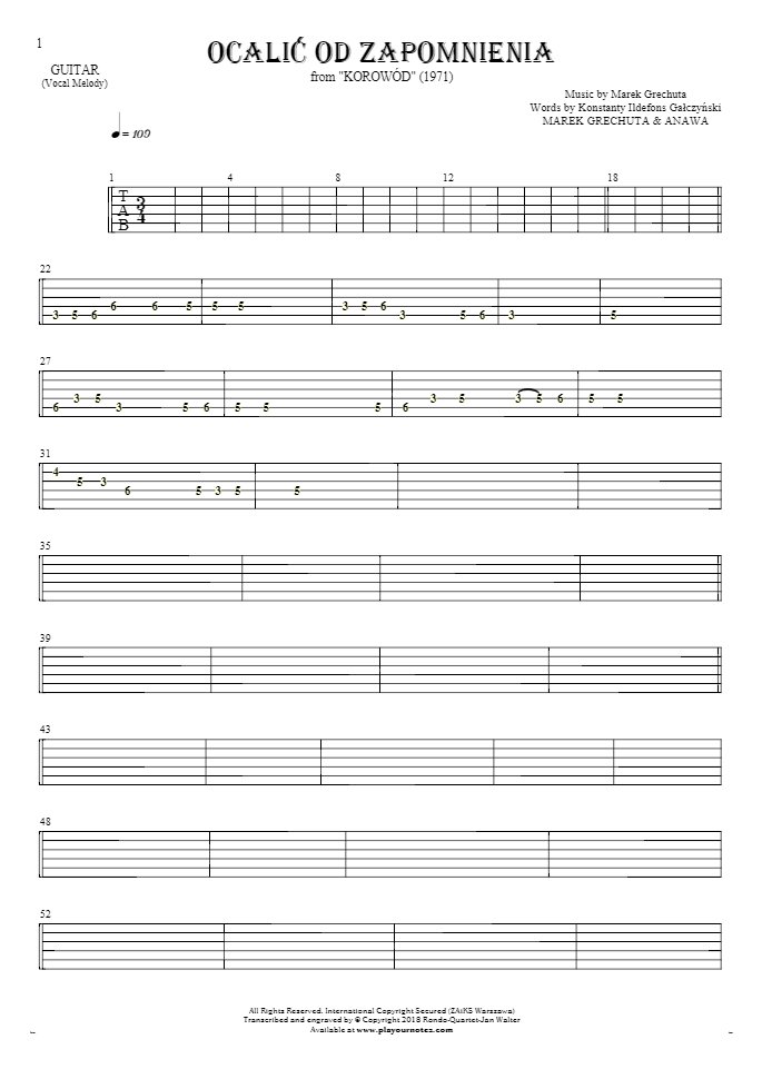To Save from Oblivion - Tablature for guitar - melody line