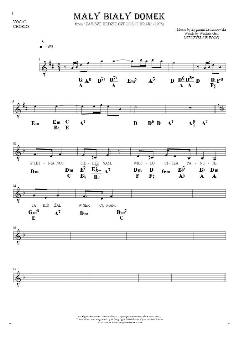 Mały biały domek - Notes, lyrics and chords for vocal with accompaniment
